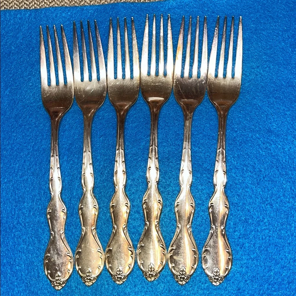 1964 VTG set of 6 dinner forks Wm Rogers Melody Camelot Silverplate Flatware GUC